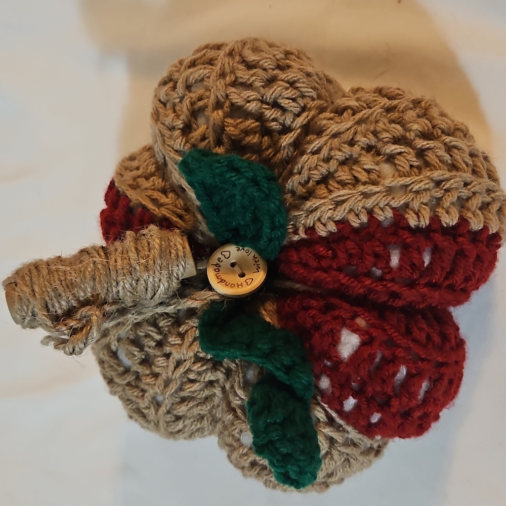 Handmade Crochet Pumpkin Crochet Rustic Fall Decor with Jute Stem and Green leaf - Picture 14 of 17